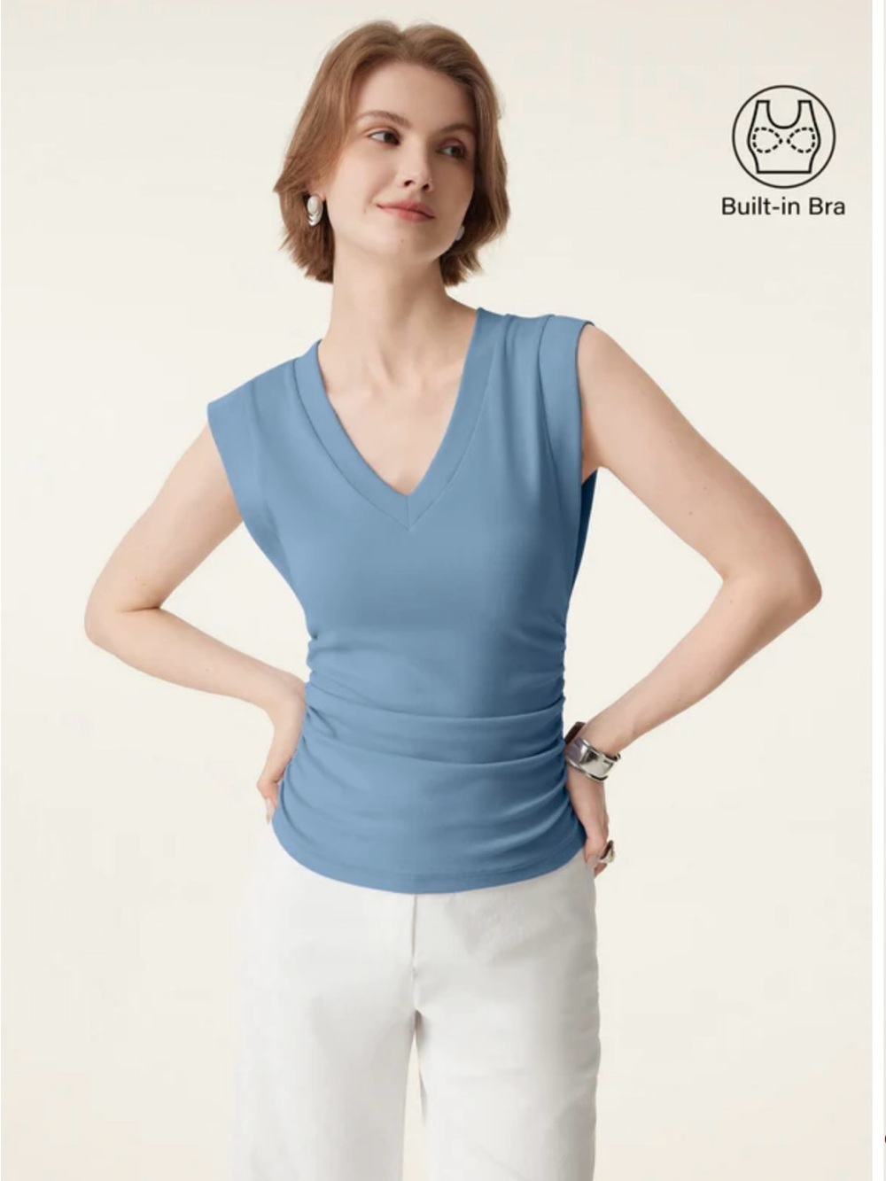 NWT   OGL- Stretch Cotton V-Neck Side Ruched Muscle Bra Top -Dusk Blue